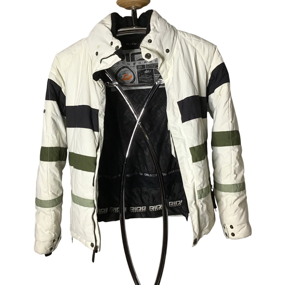 Ride Snowboards Cell Five Series Jacket Mens Small White Olive Green Striped SML